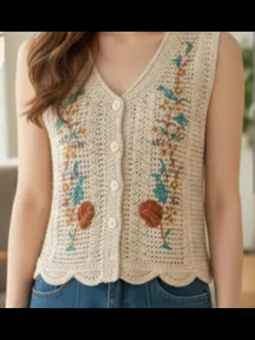 Beige Crochet Floral Button-Front Vest - Unbranded